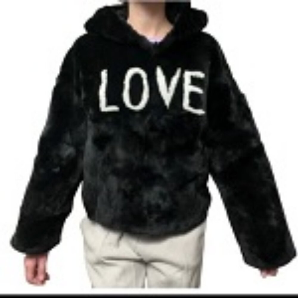 NWT Womens Linda Richards Black Rabbit Fur Hoodie "Love" Top XS